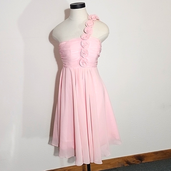 Dress Rosette Strap Detail Semi Formal One-Shoulder Dress Pink Size XS - Picture 3 of 13